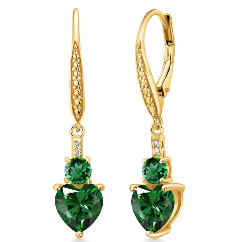 18K Yellow Gold with 2.63 Cttw Emerald and Diamond Heart Leverback Earrings